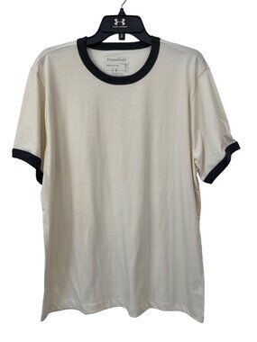 Homefield Short Sleeve Ringer TShirt Mens XL Cream Gray Cotton Polyester Basic